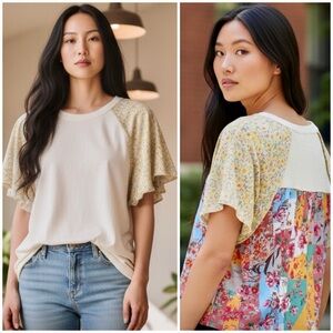 Umgee Floral Patchwork Top with Flutter Sleeves